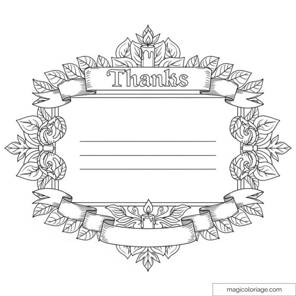Drawing of a floral thank you frame with a "Thanks" candle