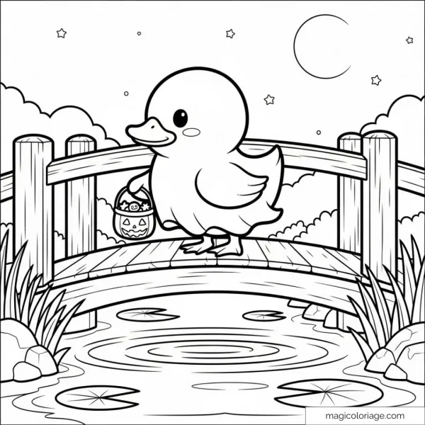 Duck holding a lantern on a bridge under the starry sky.
