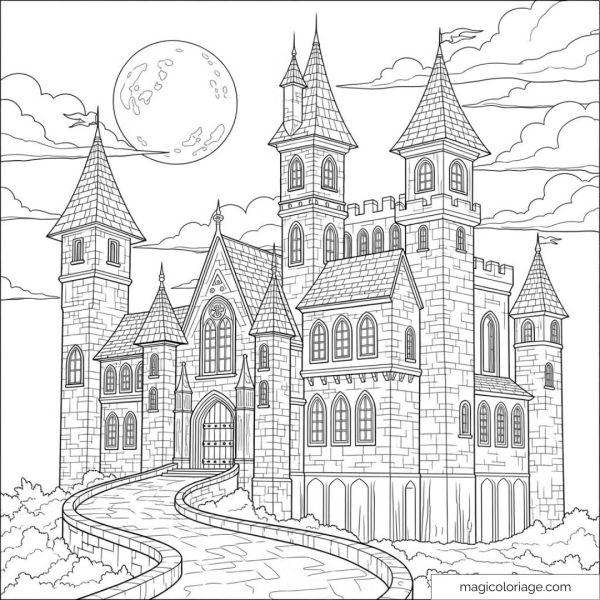 Dessin de château médiéval avec lune et nuages