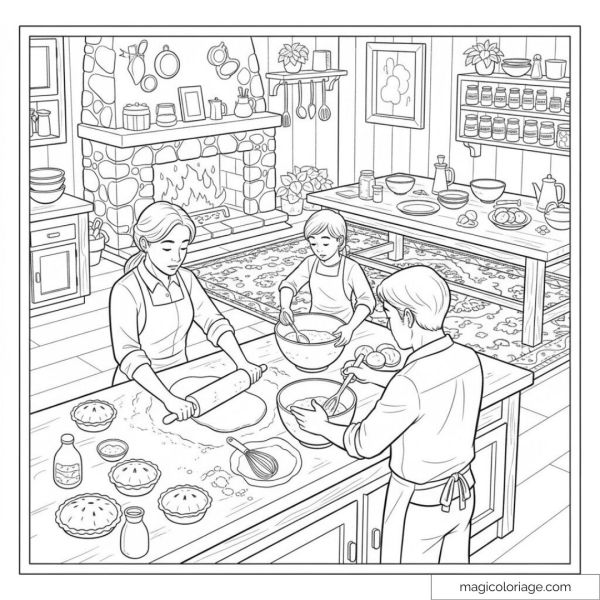 Family cooking together coloring page