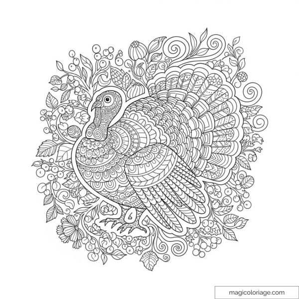 Intricate mandala turkey surrounded by floral patterns.