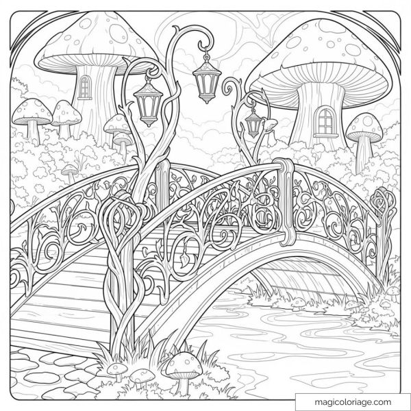 Pont décoratif entouré de champignons géants