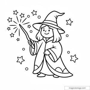 Sorcière mignonne avec chapeau pointu et baguette magique