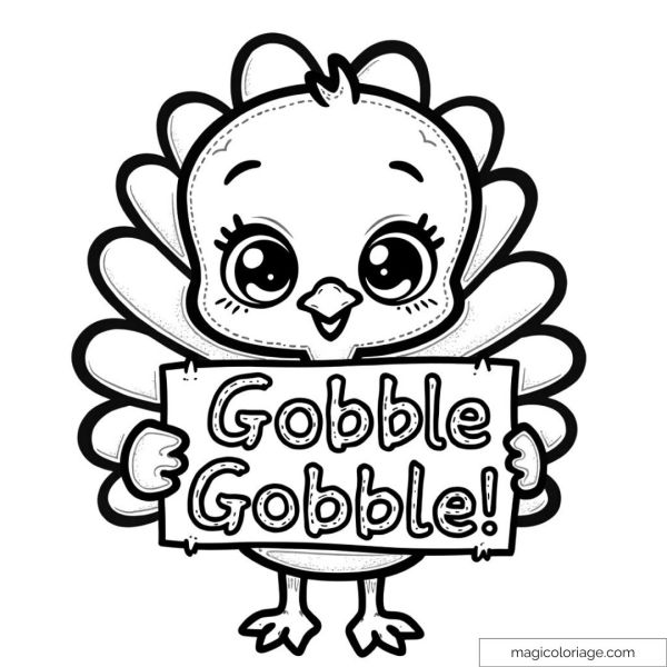 Drawing of a cute turkey with a sign "Gobble Gobble!"