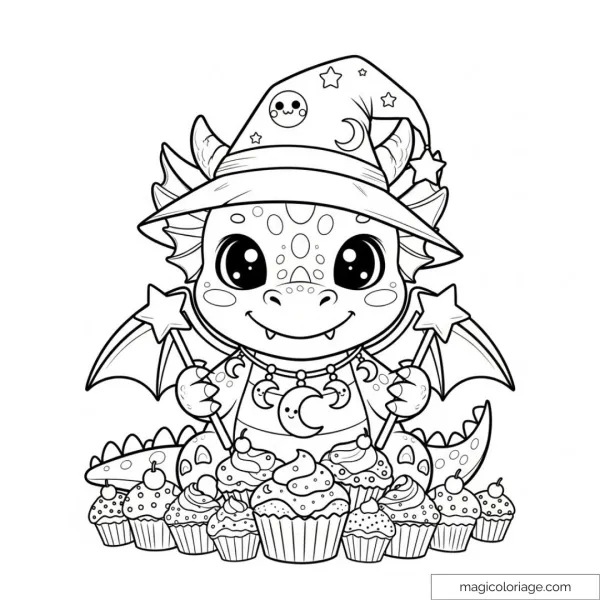 Drawing of a cute dragon with magic hat and cupcakes