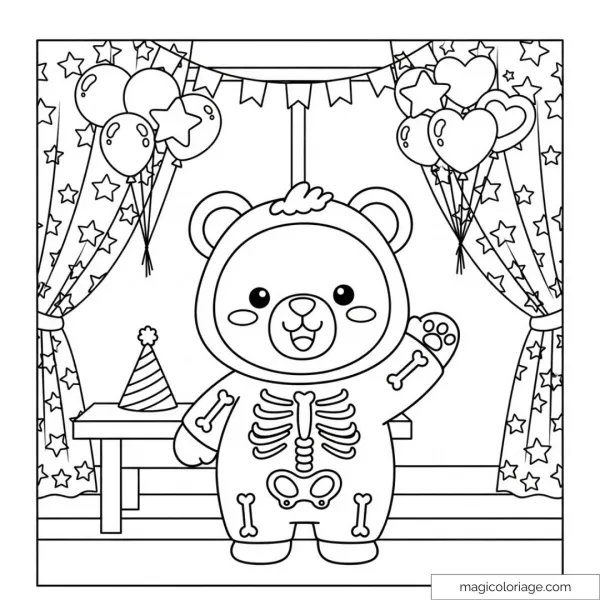 Bear dressed as a skeleton with balloons and festive decorations.