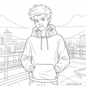 Vampires stylé sur rooftop urbain avec écouteurs.