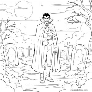 Dessin du comte Dracula dans un cimetière sous la pleine lune