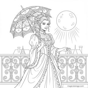 Femme victorienne en tenue élégante avec ombrelle sous le soleil.