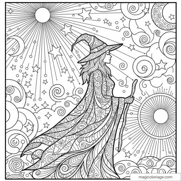 Sorcière au chapeau avec ciel étoilé et rayons de soleil