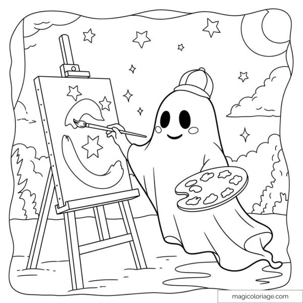 Smiling ghost painting a picture with stars and moon.