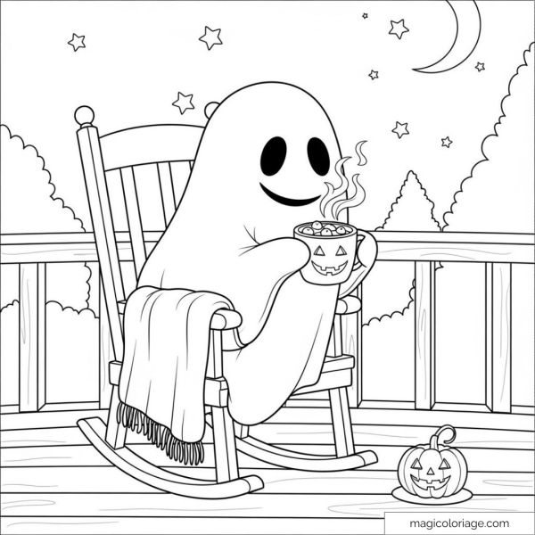 Ghost coloring page on rocking chair with hot chocolate
