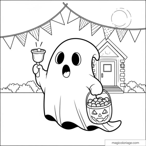 Halloween ghost with bell and pumpkin bucket in front of house