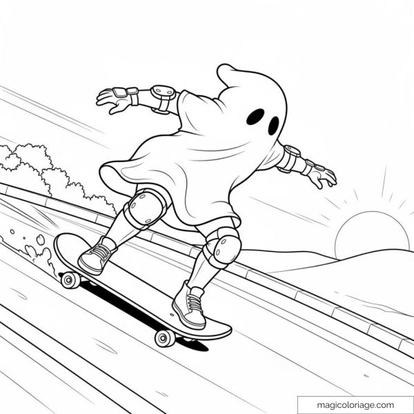 Ghost skateboarding under a sunny sky