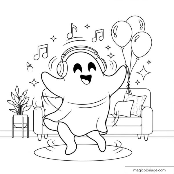 Dancing ghost with headphones and balloons coloring page
