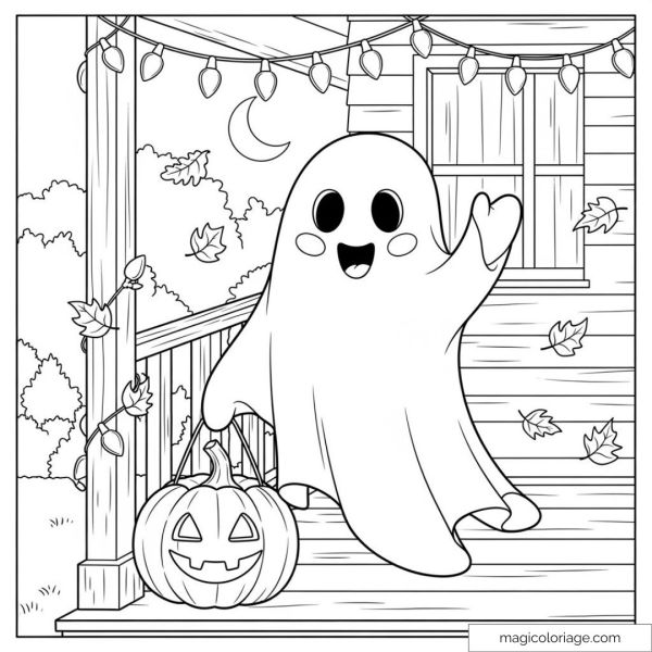 Happy ghost with pumpkin and leaves on a Halloween porch.