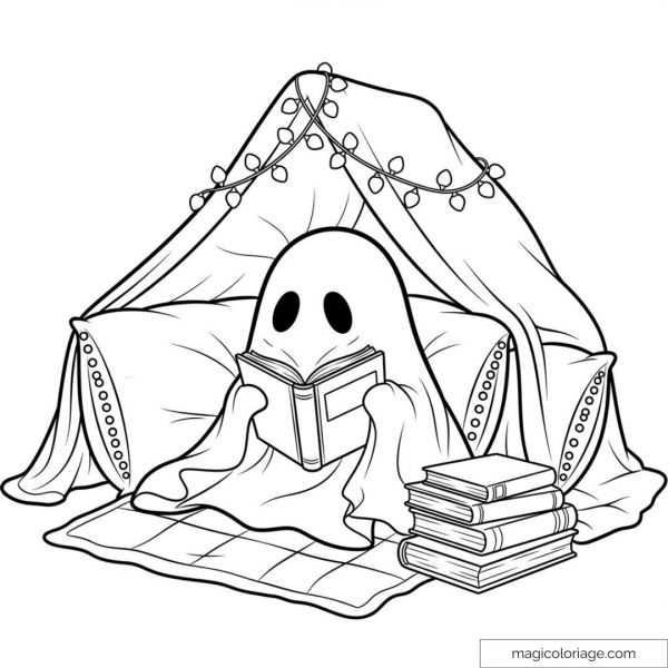Ghost reading a book under a tent with fairy lights