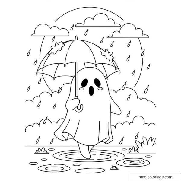 Cute ghost under an umbrella in the rain