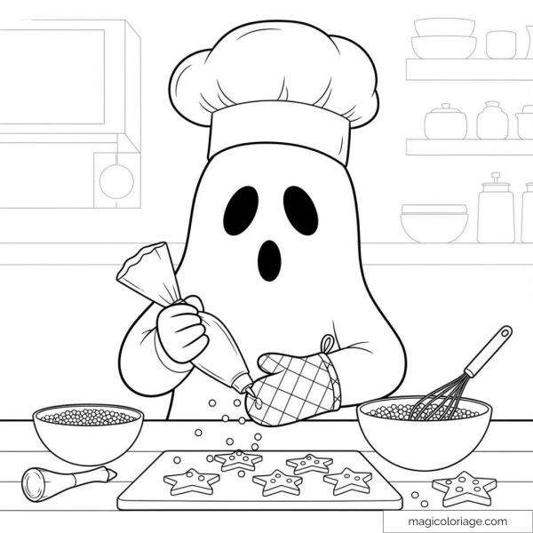 Pastry ghost decorating star cookies in a kitchen.