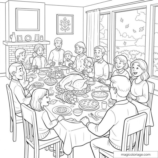 Coloring picture of a family gathered for a plentiful festive meal