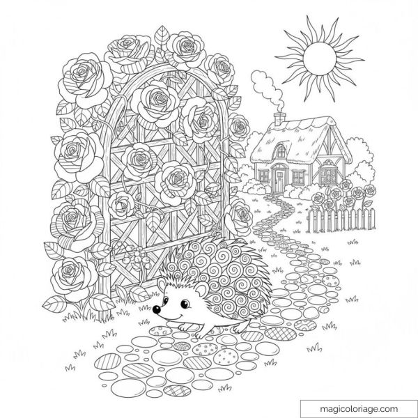 Flower garden drawing with hedgehog and cottage under the sun.
