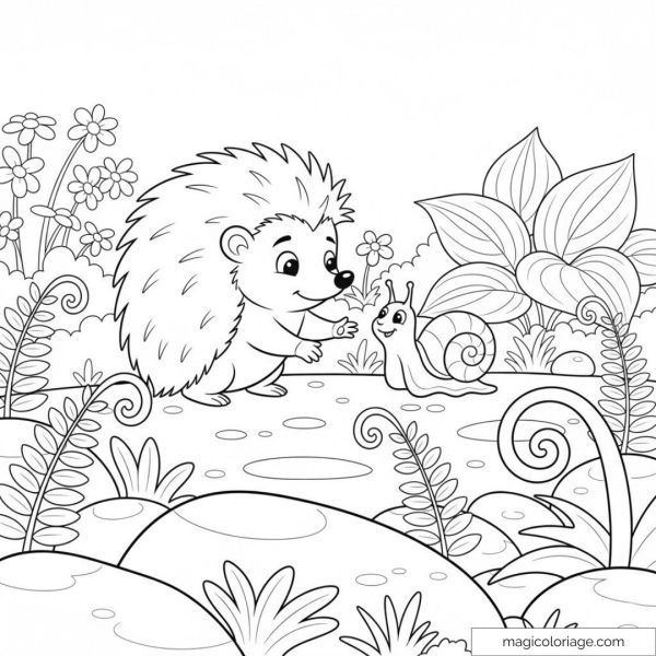 Smiling hedgehog facing a friendly snail