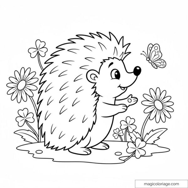 Cute hedgehog and butterfly among flowers to color.