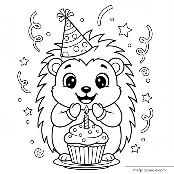 Happy hedgehog with party hat and cupcake to color