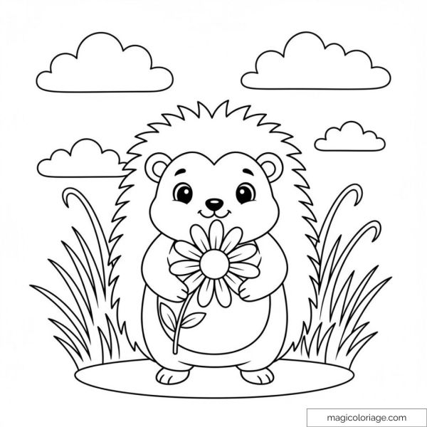 Cute hedgehog holding a flower in a garden with clouds.