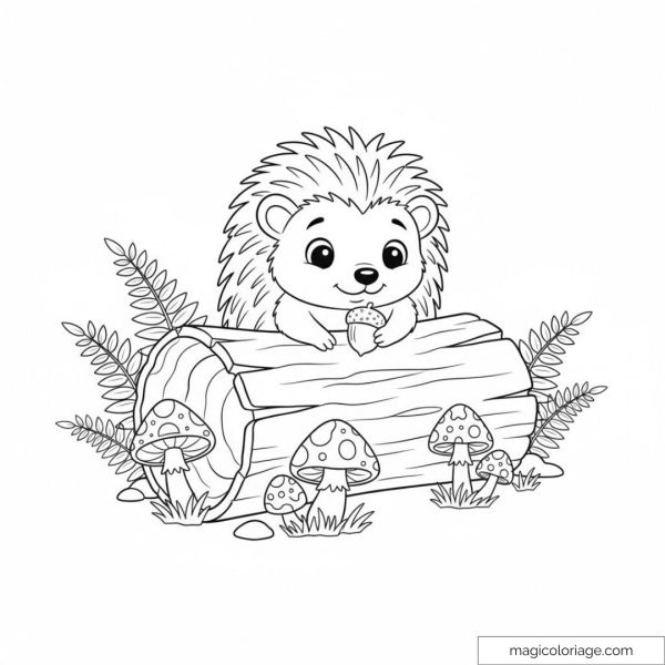 Cute hedgehog on log surrounded by mushrooms and foliage.