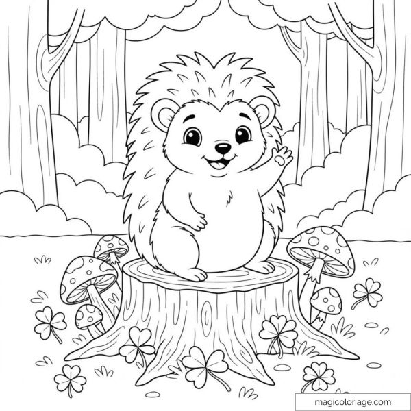 Smiling hedgehog on a wooden stump