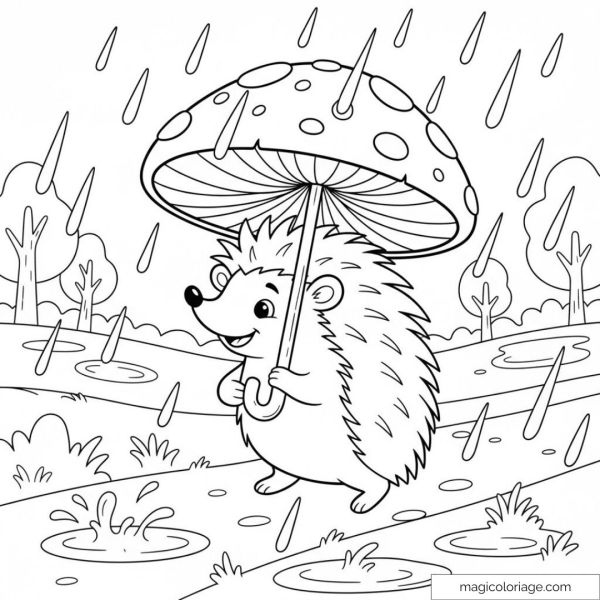 Drawing of a hedgehog holding a mushroom umbrella in the rain.