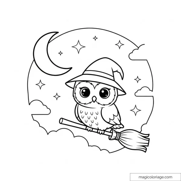 Owl with wizard hat on broomstick