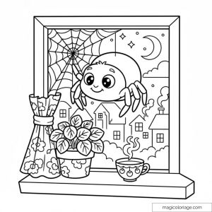 Dessin d'une araignée souriante sur sa toile devant une fenêtre.