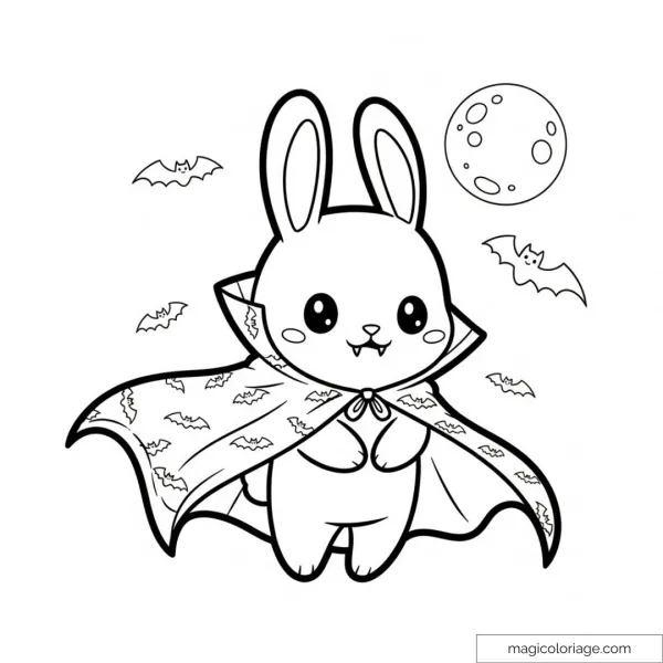 Drawing of a cute vampire bunny with bats and the moon