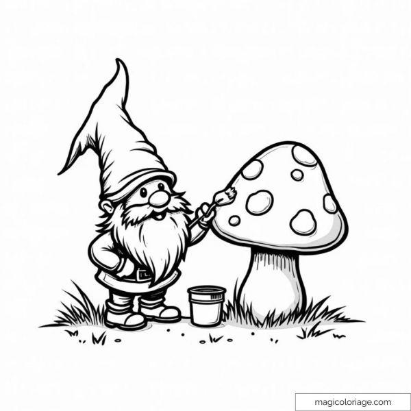 Dessin d'un lutin joyeux peignant un champignon géant avec un pot de peinture.