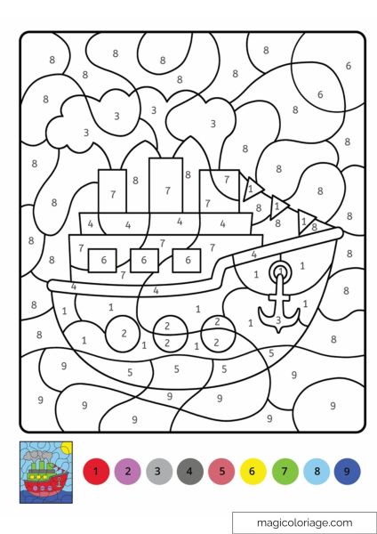 Magical coloring page of a boat on the water with a cloudy sky to color.