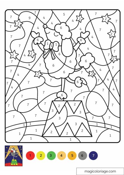 Magical coloring page of a sheep with scene and stars