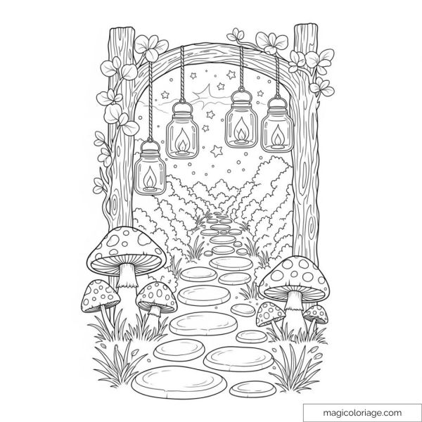 Dessin de chemin de pierres sous des lanternes suspendues