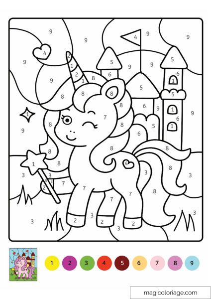 Magical unicorn and castle coloring page with numbers
