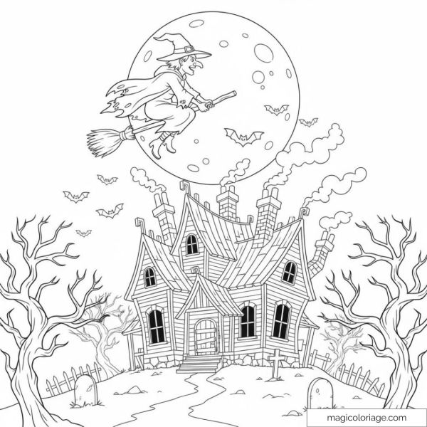 Dessin de maison hantée avec sorcière survolant la lune.