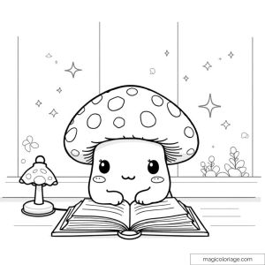 Champignon mignon lisant un livre avec lampe et plantes