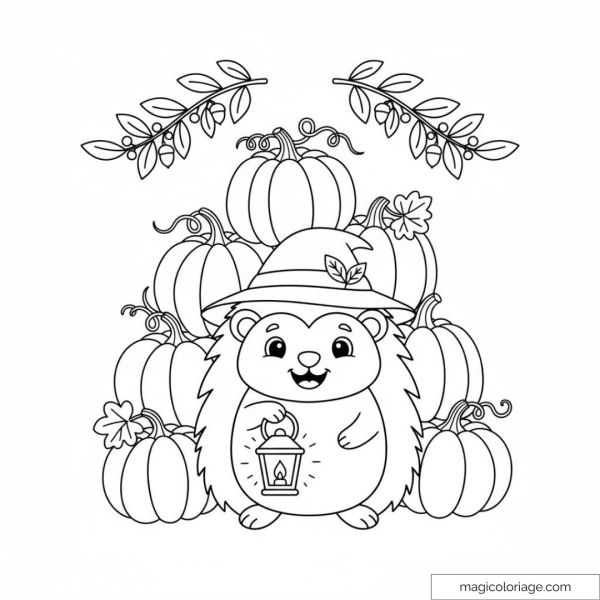 Happy hedgehog with lantern surrounded by pumpkins and leaves