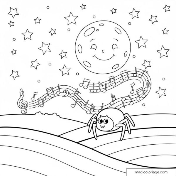 Lune souriante avec araignée et notes musicales dans le ciel