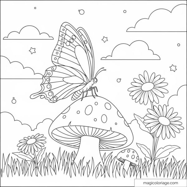 Papillon sur champignon entouré de fleurs