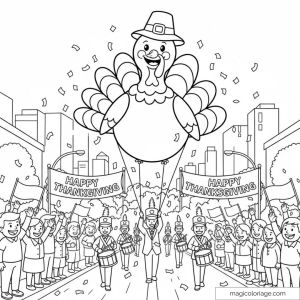 Coloriage parade de Thanksgiving avec ballon dinde dans une rue animée