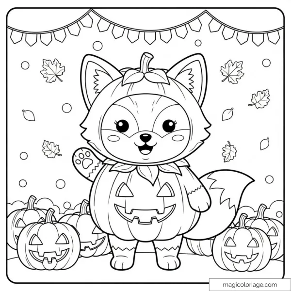 Fox in pumpkin costume with pumpkins and autumn leaves.