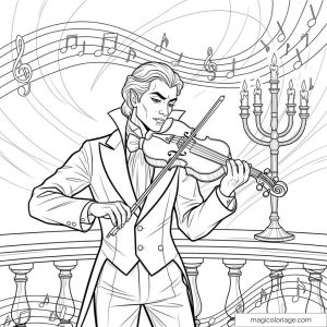 Musicien jouant du violon avec notes de musique et chandeliers.
