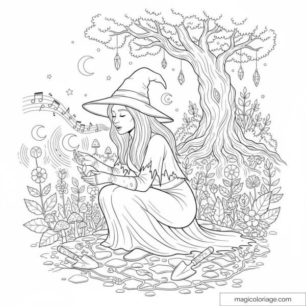 Sorcière assise sous un arbre