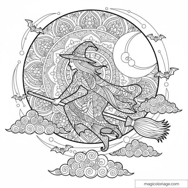 Dessin de sorcière volante avec motifs détaillés et chauves-souris